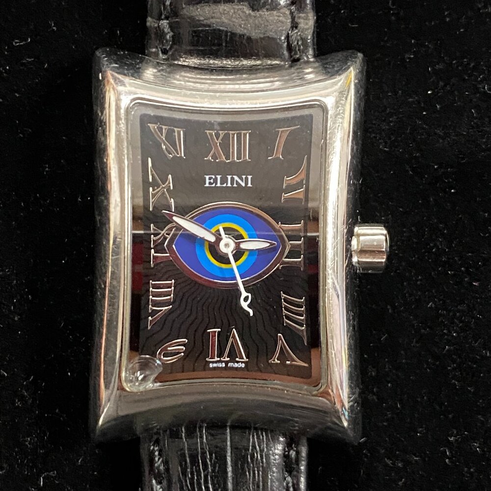 Elini Nazar Stainless Steel Watch with Black Leather Wristband